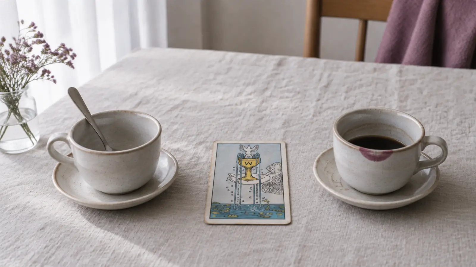 Dos tazas de café sobre un mantel de lino, una limpia y otra a medias con carmín en el borde, junto a una carta del tarot
