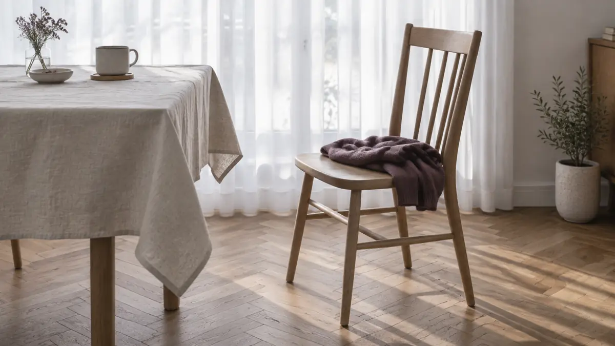 Una silla de madera vacía junto a una mesa con mantel de lino, a contraluz de una ventana con visillo blanco