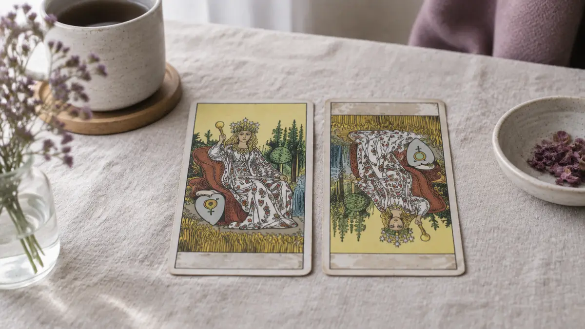 Dos cartas del tarot Rider-Waite con la misma escena, una derecha y otra del revés, sobre un mantel de lino