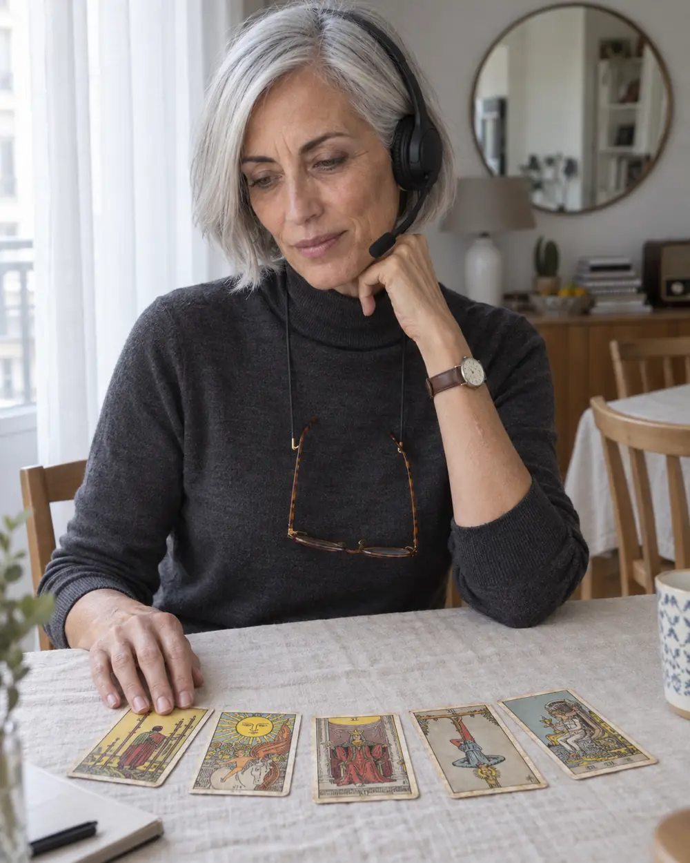 Trinidad Castilla, con auriculares de diadema, mirando cinco cartas del tarot Rider-Waite extendidas sobre un mantel de lino