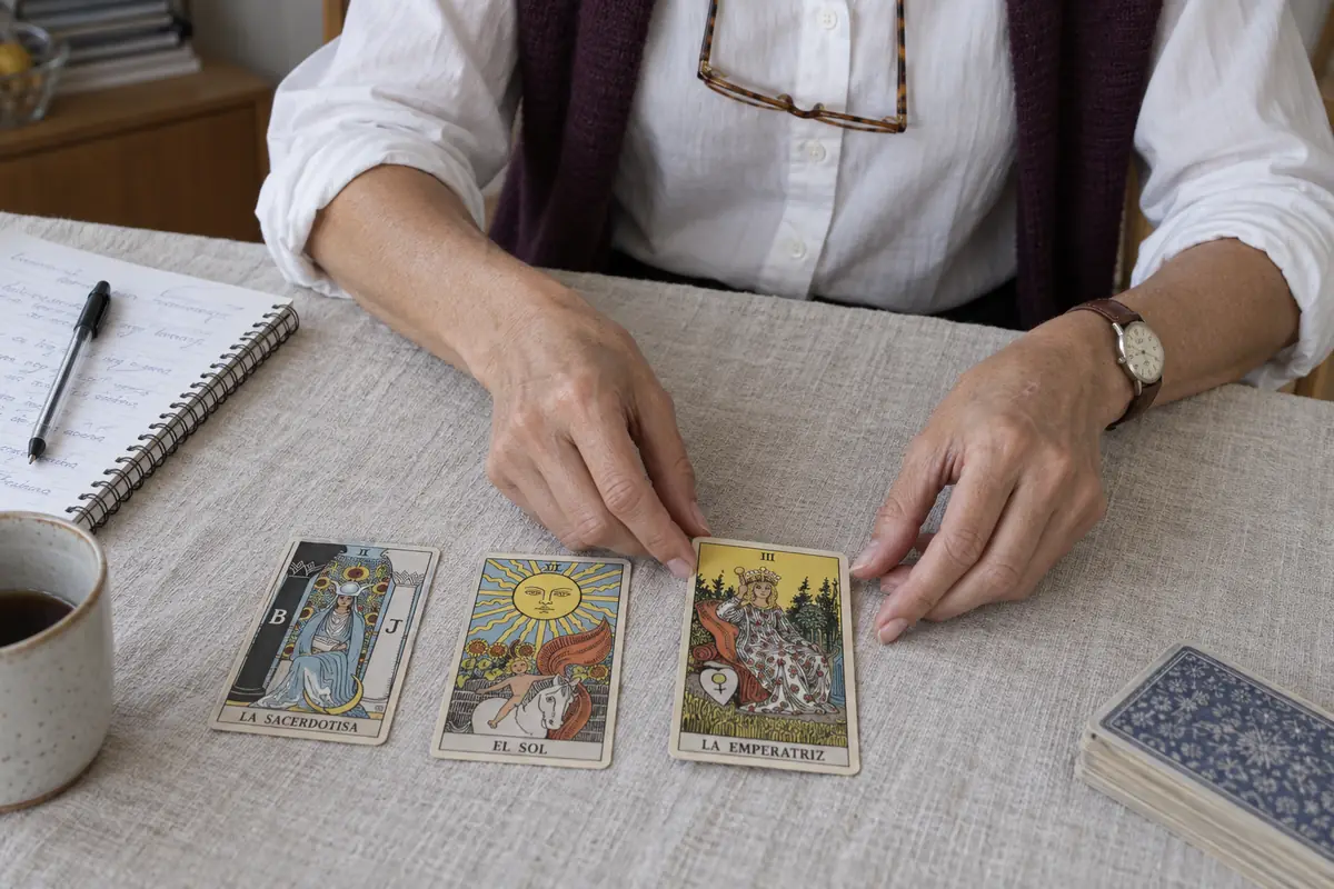Dos manos colocando la tercera de tres cartas del tarot Rider-Waite sobre un mantel de lino, junto a un cuaderno abierto