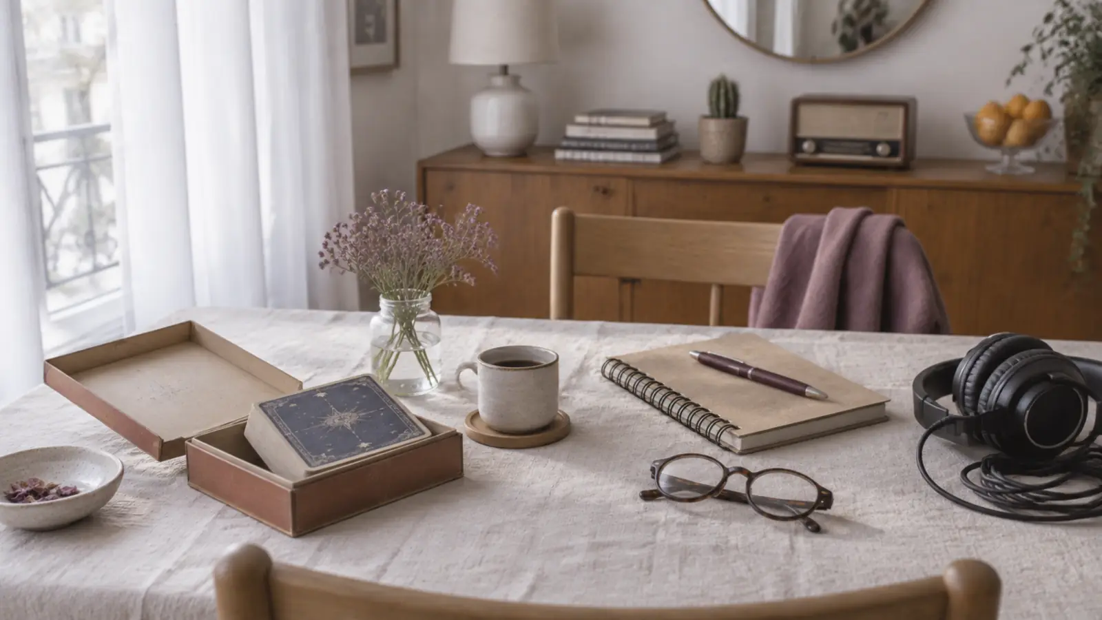 Mesa de trabajo con la baraja Rider-Waite en su caja, un cuaderno, unas gafas de leer y unos auriculares de diadema