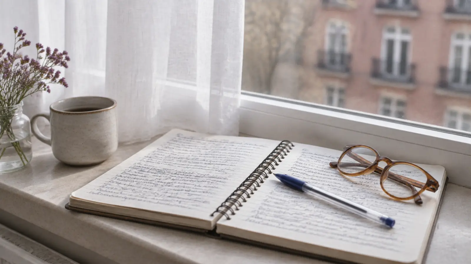 Cuaderno de espiral abierto y escrito a mano sobre el alféizar de una ventana, con unas gafas de leer encima