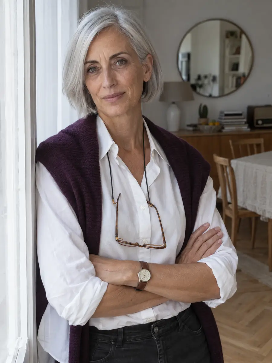 Trinidad Castilla apoyada en el marco de la ventana de su salón, con camisa blanca y el pelo cano corto